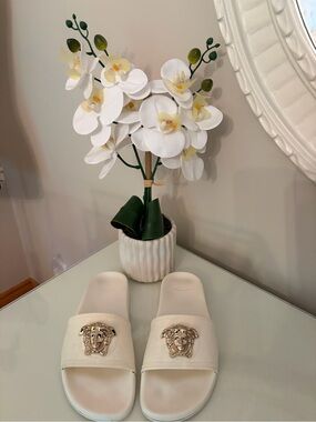 Versace Cream Slide Sandals with Gold Medusa Emblem